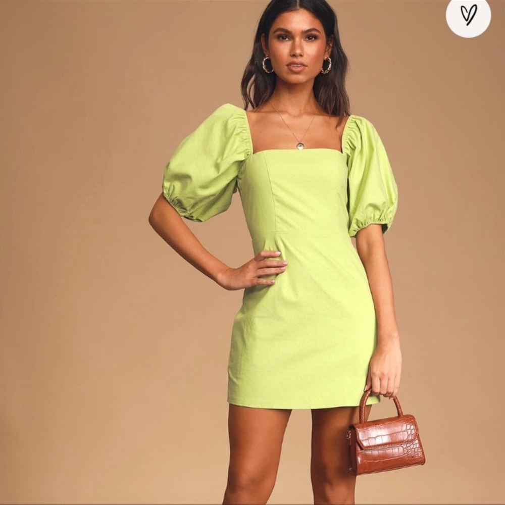 Lime Green Puff Sleeve Dress from Lulus: worn once!